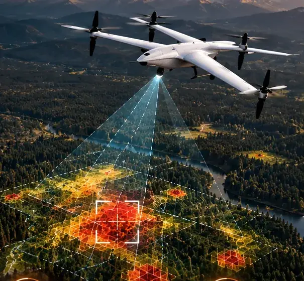 Wildfire UAV thermal-scanning a forest for hotspots