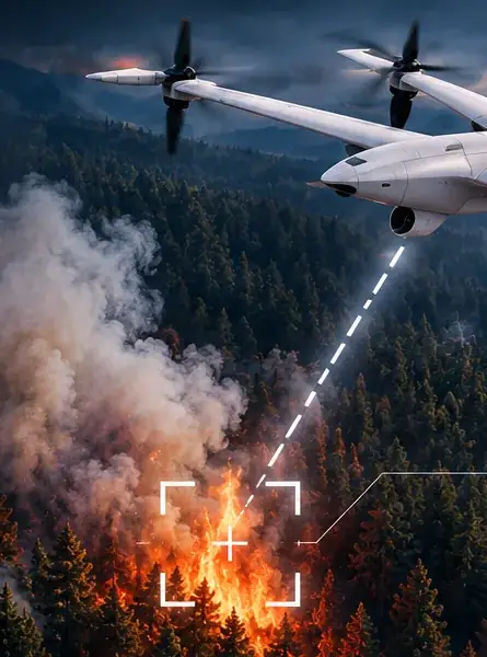 Wildfire drone locking onto an active forest fire