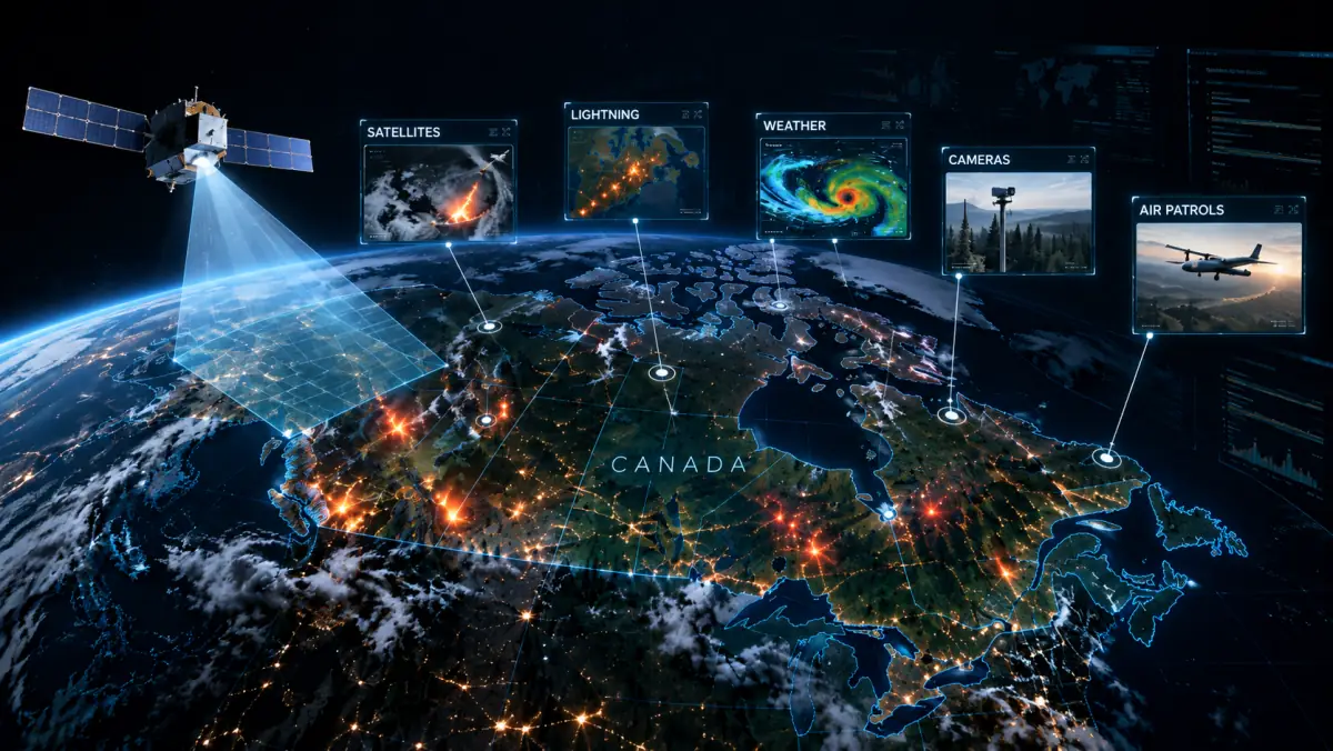 Map of Canada at night showing wildfire risk signals gathered from satellites, lightning strikes, weather radar, fixed cameras, and air patrols